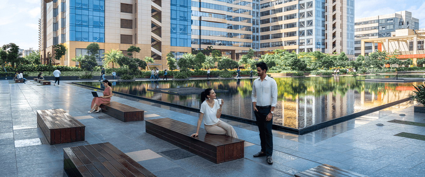 Outdoor seating area at Tower 11, Brookfield India REIT office space.