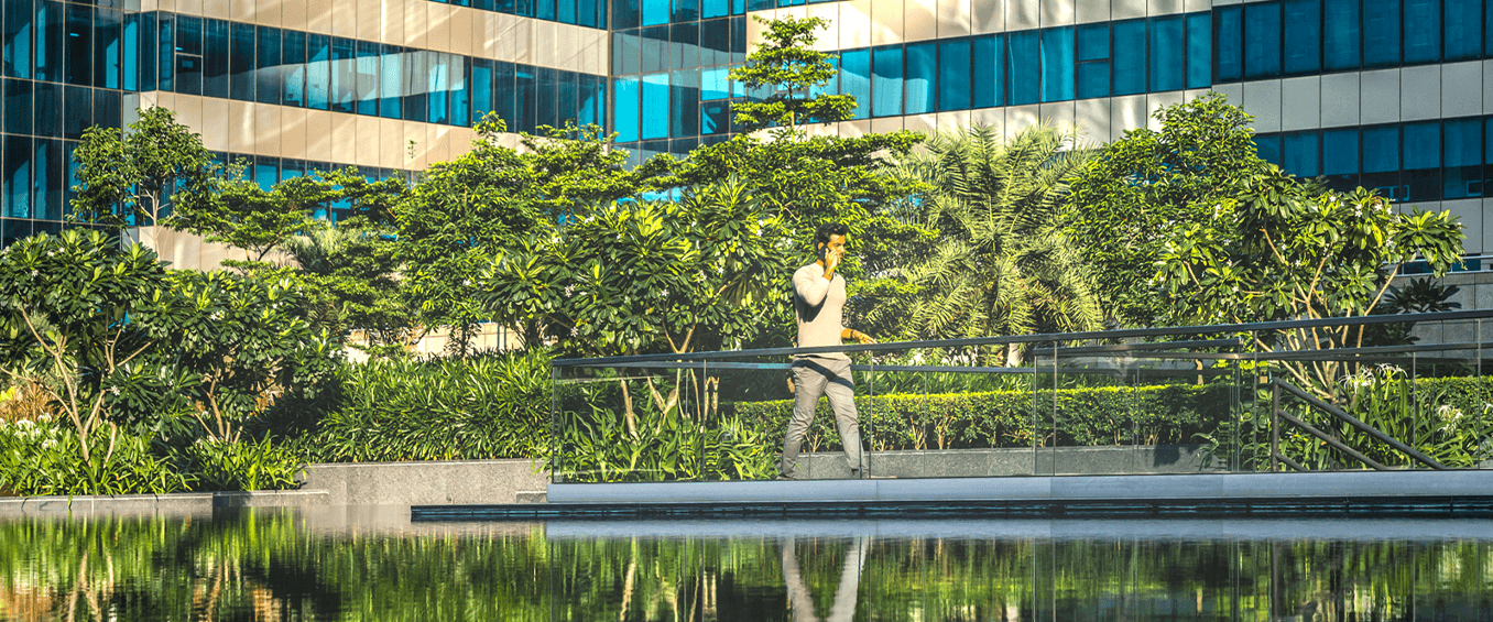 Lush green park with water feature, people relaxing and enjoying outdoor space.