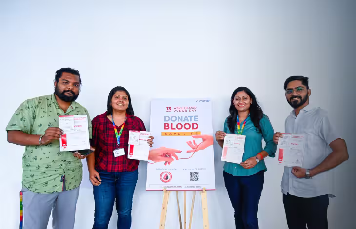 Blood donation drive at Brookfield India REIT office promoting community support and wellness.